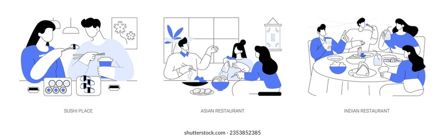 Asiatische Küche einzeln Cartoon Vektorgrafiken Set. Glückliches Paar isst zusammen Sushi, thailändisches und vietnamesisches Essen, indisches Restaurant, verschiedene Leute, die Stäbchen halten, und Vektorgrafik essen.