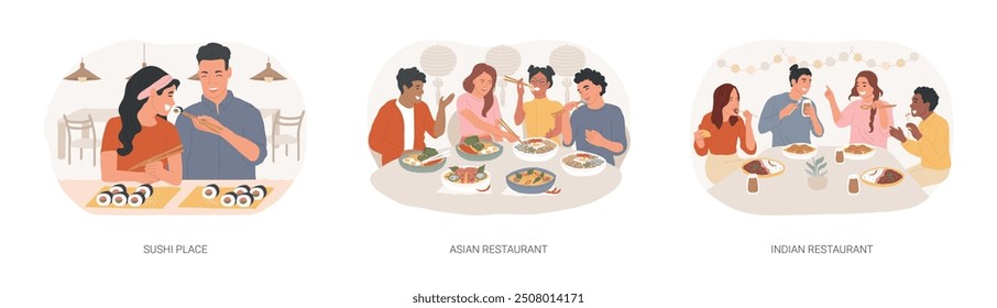 Conjunto de Ilustraciones vectoriales de dibujos animados aislados de cocina asiática. Pares felices comen sushi juntos, comida tailandesa y vietnamita, restaurante indio, gente diversa que sostiene palillos, comiendo fuera de la historieta del Vector.