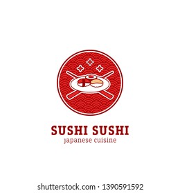 Asian cuisine japan sushi logo on plate with cross chopstick and asian red round pattern background