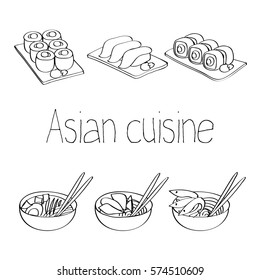 Asian cuisine. Japanese sushi, rolls and Vietnamese noodles
