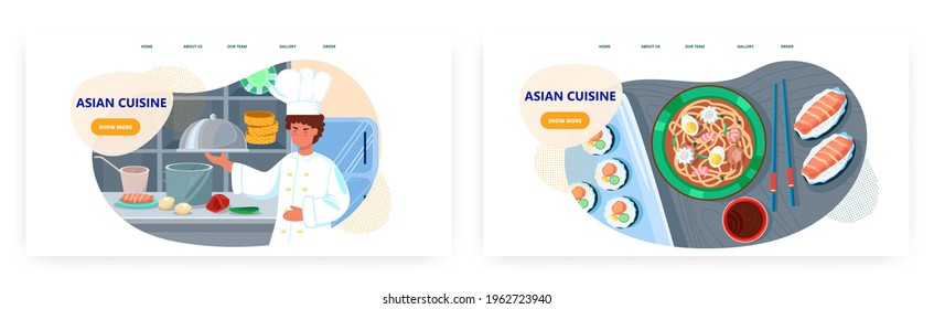 Asian cuisine landing page design, website banner vector template set. Chef cooking japanese ramen noodle soup, sashimi.