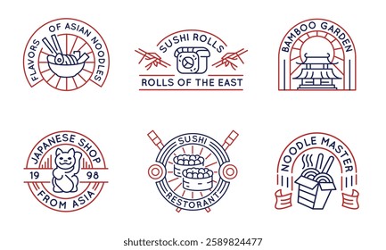 Asian cuisine line art logos featuring sushi, noodles, Japanese culture, and restaurant themes. Collection of 6 Asian logotypes designed for food business. Sushi, Noodles logos. Vector illustration.