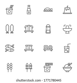 Asian cuisine line icons set, outline vector symbol collection, asian food menu linear style pictogram pack. Signs, logo illustration. Set includes icons as take away noodles, sushi roll, sashimi