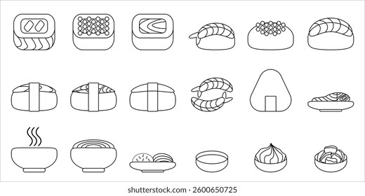 Asian cuisine line set. Sushi, rolls, nigiri, onigiri, soup, noodles, salads.Vector illustration.