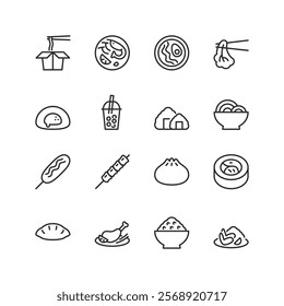 Asian Cuisine, linear style icon set. Traditional dishes and flavors from Asia. Noodles, dumplings, sushi, bubble tea, and rice bowl. Editable stroke width