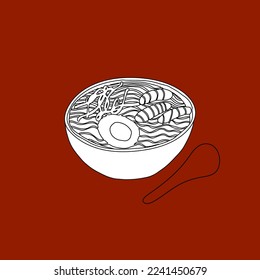 Asian cuisine noodle soup outline illustration red background