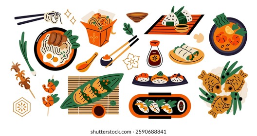 Asian cuisine. Oriental food, chinese, korean, japanese, sushi, noodles vog, taiyaki fish, exotic traditional dishes, shrimp and octopus, cartoon flat style isolated, garish vector set