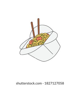 Asian cuisine popular dish - ramen noodles with chopsticks and in fast food cardboard container, cartoon vector illustration isolated on white background.