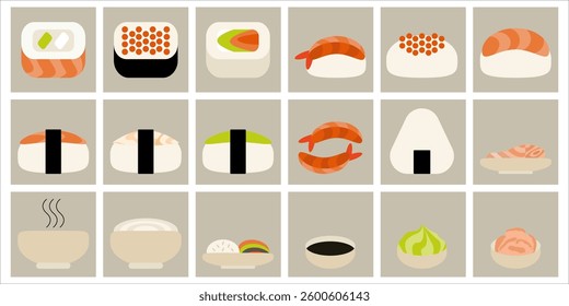 Asian cuisine set. Sushi, rolls, nigiri, onigiri, soup, noodles, salads flat vector illustration.