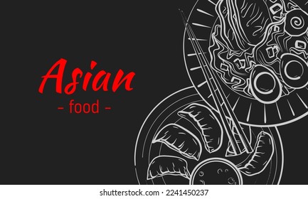 Asian cuisine sketch banner. Japanese Food menu design template. Hand drawn vector illustration