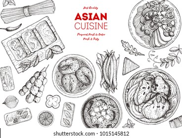 Colección de bocetos de cocina asiática. Ilustración vectorial dibujada a mano. Plantilla de diseño del menú de comida, elementos grabados. Dibujo vectorial de dibujos de cartón de comida asiática. Diseño de época.