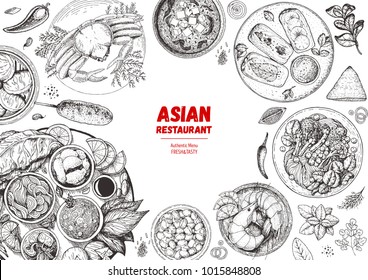 Asian cuisine sketch collection  Hand drawn vector illustration  Food menu design template  engraved elements  Asian food doodle sketch vector illustration  Vintage design 