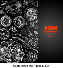 Asian cuisine sketch collection. Hand drawn vector illustration. Food menu design template, engraved elements. Asian Food set.