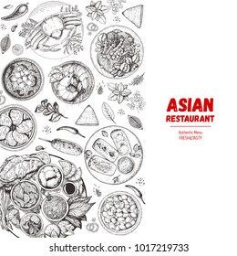 Asian cuisine sketch collection. Hand drawn vector illustration. Food menu design template, engraved elements. Asian Food set.