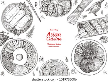 Colección de bocetos de cocina asiática. Ilustración vectorial dibujada a mano. Plantilla de diseño del menú de comida, elementos grabados. Comida asiática.