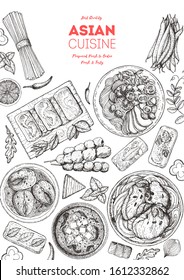 Asian cuisine sketch collection. Hand drawn vector illustration. Food menu design template, engraved elements. Asian food doodle sketch vector illustration. Vintage design.