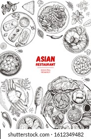 Asian cuisine sketch collection. Hand drawn vector illustration. Food menu design template, engraved elements. Asian food doodle sketch vector illustration. Vintage design.