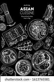 Asian cuisine sketch collection. Hand drawn vector illustration. Food menu design template, engraved elements. Asian food doodle sketch vector illustration. Vintage design.