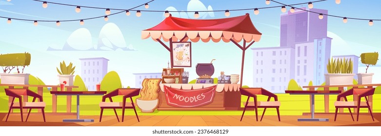 Asian cuisine stall in summer city park. Vector cartoon illustration of noodle shop with fish and seafood menu, chairs and tables outdoors, garland decoration, cityscape background, sunny blue sky