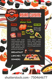 Asian cuisine or sushi bar Japanese restaurant poster for menu template. Vector design of noodle or seafood rice and ramen noodles, chopsticks or soy and sushi rolls or salon sashimi and tuna unagi