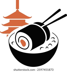 Asian Cuisine: Sushi Roll in a Bowl with Chopsticks and Pagoda