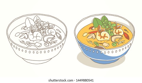 Asian cuisine. Tom Yum. Thai soup with prawns and coriander. Food menu design soup with noodles, soup miso, seaweed. Vintage hand drawn sketch vector illustration.