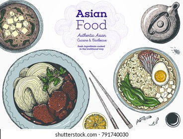 Asian cuisine top view, colored dish set. Vintage food menu design template. Colorful vector illustration. EPS 10