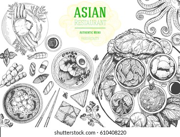 Asian cuisine top view frame  Food menu design and noodles  soup miso  sushi   set traditional dishes  Vintage hand drawn sketch vector illustration 