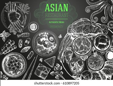 Asian cuisine top view frame. Food menu design with noodles, soup miso, sushi and set of traditional dishes. Vintage hand drawn sketch vector illustration.