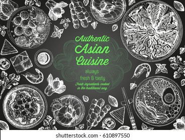 Asian cuisine top view frame. Food menu design with noodles,ramen, shrimps, fish balls and wagyu. Vintage hand drawn sketch vector illustration.