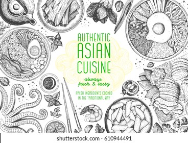 Asian cuisine top view frame. Food menu design with noodles,ramen, shrimps, bibimbap, kimchi and seafood set. Vintage hand drawn sketch vector illustration.