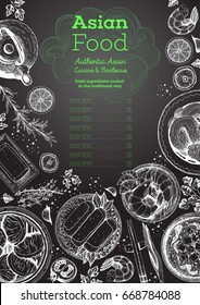Asian cuisine top view frame. Food menu design with noodles, soup miso, dumplings shrimps and rolls. Vintage hand drawn sketch vector illustration.