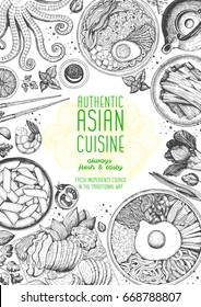 Asian cuisine top view frame. Food menu design with noodles,ramen, shrimps, bibimbap, kimchi and seafood set. Vintage hand drawn sketch vector illustration.