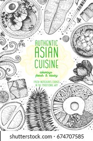 Asian cuisine top view frame. Food menu design with noodles, soup miso, dumplings shrimps and fruits. South China food menu. Vintage hand drawn sketch vector illustration.