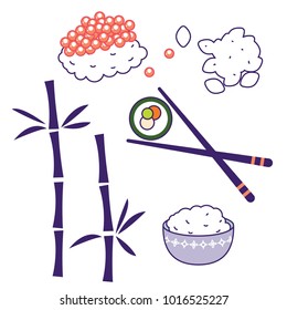 Asian cuisine traditional food culture vector objects. Sushi, chopsticks and rice meal.