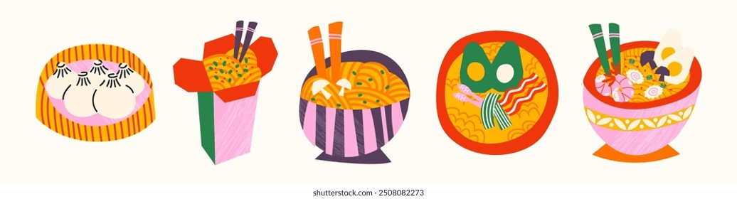 Asian cuisine traditional food retro style 90s. Noodles, ramen, national dishes. Japanese cafe bar restaurant. Vector stickers of national East Asian Japanese and Chinese cuisines