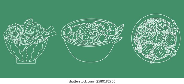 Asian cuisine vector doodle set. Street food. Noodle soup Pho Bo. Vector doodle illustration.