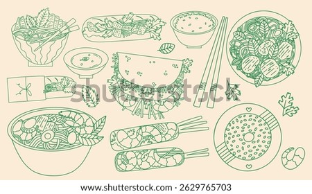 Asian cuisine vector doodle set. Street Vietnamese food. Pho, Goi Cuon, Banh Xeo, Bun Bo Hue. Traditional dishes cafe, restaurant.