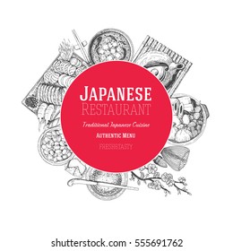 Asian cuisine vector illustration. Japanese food design template. Menu label with authentic dishes. Japanese food engraved design template.