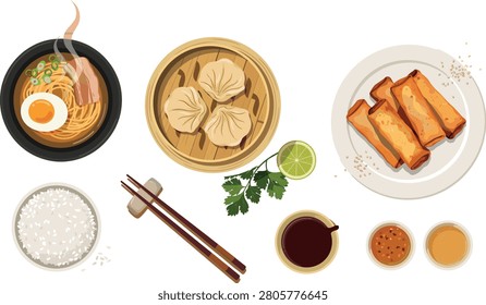 Asian Cuisine Vector Illustration Set Featuring Japanese Ramen Bowl Chinese Dim Sum Dumplings Spring Rolls White Rice Chopsticks and Dipping Sauces.eps