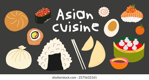 Asian cuisine vector set. Cartoon stickers for asian restaurants and other printed products. Dim sum, sushi rolls, rice, egg, seafood