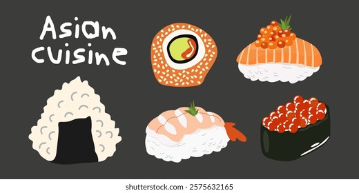 Asian cuisine vector set. Cartoon stickers for asian restaurants and other printed products. Dim sum, sushi rolls, rice, egg, seafood