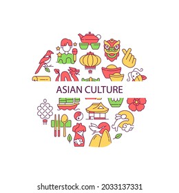 Asian Culture Abstract Color Concept Layout With Headline. Eastern Traditions. South Korea. Japan Cultural Symbols. Asia Creative Idea. Isolated Vector Filled Contour Icons For Web Background
