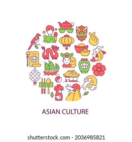 Asian Culture Abstract Color Concept Layout With Headline. Eastern Traditions. South Korea Attributes. Japan Symbols. Asia Creative Idea. Isolated Vector Filled Contour Icons For Web Background