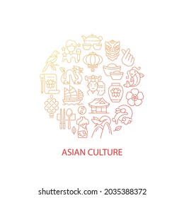 Asian Culture Abstract Gradient Linear Concept Layout With Headline. Eastern Traditions. Japan Symbols. Asia Minimalistic Idea. Thin Line Graphic Drawings. Isolated Vector Contour Icons For Background