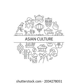 Asian Culture Abstract Linear Concept Layout With Headline. Eastern Traditions. Japan Cultural Symbols. Asia Minimalistic Idea. Thin Line Graphic Drawings. Isolated Vector Contour Icons For Background