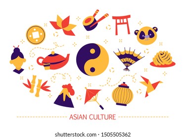 Asian culture concept. Japanese food, east tradition. Tea and chopsticks, lantern and kettle. Set of colorful icons. Isolated flat illustration