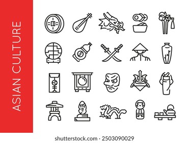 Iconos de la cultura asiática. Conjunto de 20 iconos mínimos de moda de la cultura asiática. Ejemplo: Moneda, laúd, dragón, sushi, flor. Signos de diseño para la página de Web, App móvil, diseño de embalaje. Ilustración vectorial.