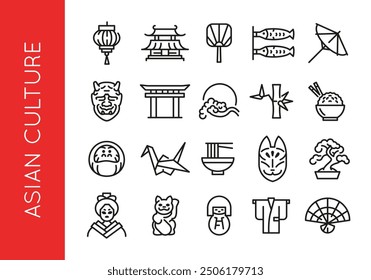 Iconos de la cultura asiática. Conjunto de 20 iconos mínimos de moda de la cultura asiática. Ejemplo: Linterna, Templo, Abanico Uchiwa, Pescado, Paraguas. Signos de diseño para la página de Web, App móvil, diseño de embalaje. Ilustración vectorial.