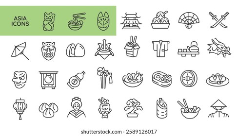 Asian Culture icons. Set of 20 Asian Culture trendy minimal icons. Example: Coin, Lute, Dragon, Sushi, Flower. Design signs for web page, mobile app, packaging design. Vector illustration.